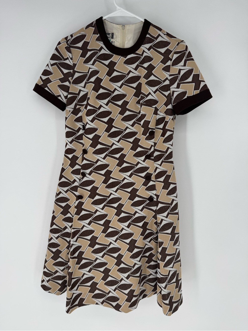 Vintage retro Geometric Brown & Cream Short Sleeve Midi Dress